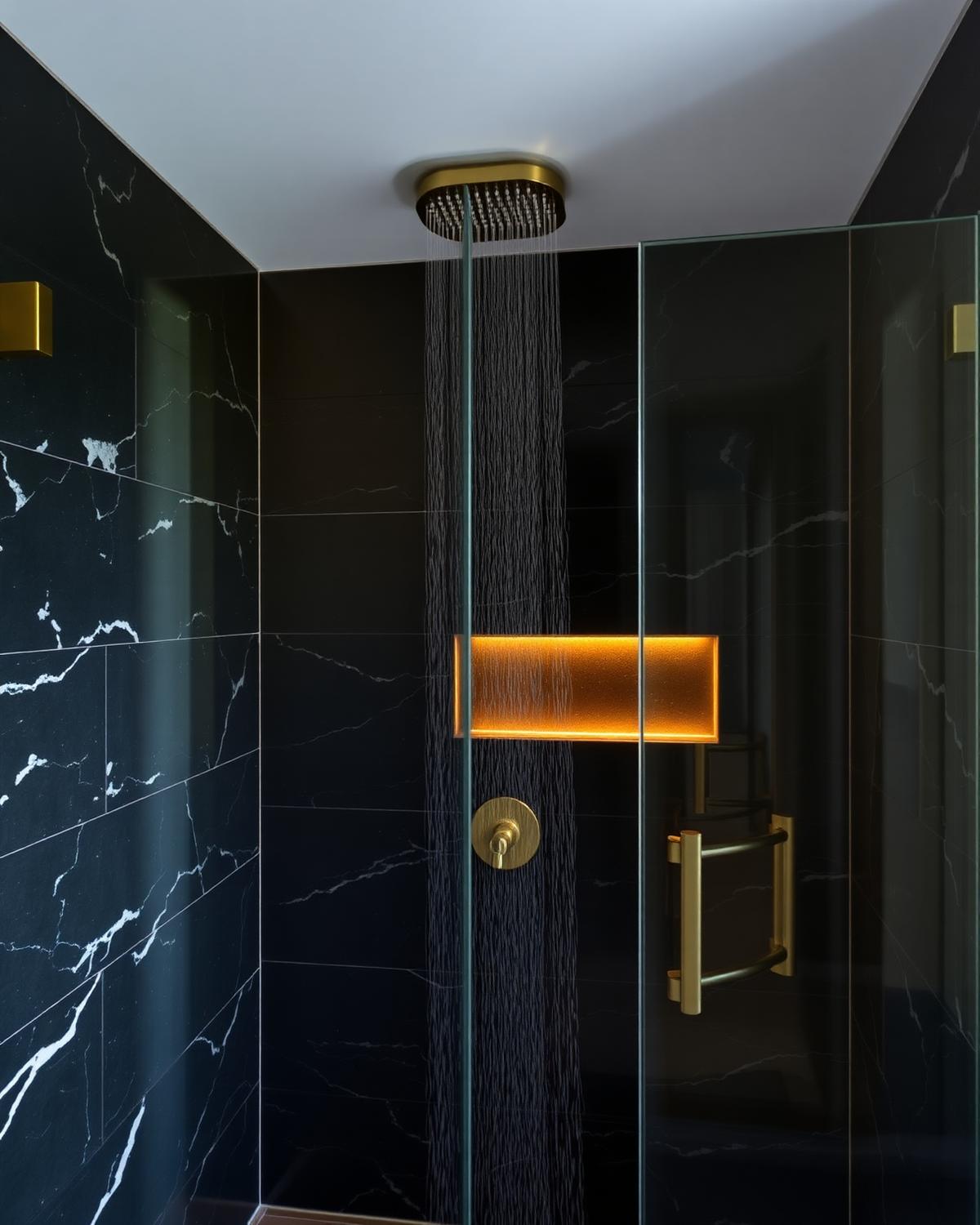 Walk-in Regendusche mit schwarzem Marmor und Gold-Armaturen