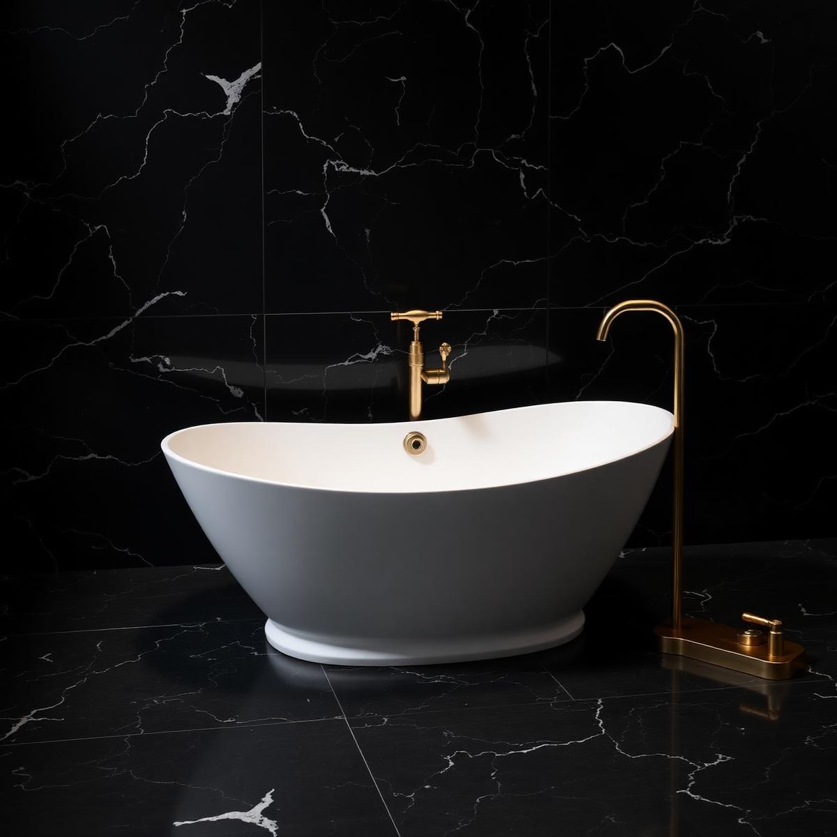 Freistehende Wanne vor schwarzem Marmor mit Gold-Standarmatur