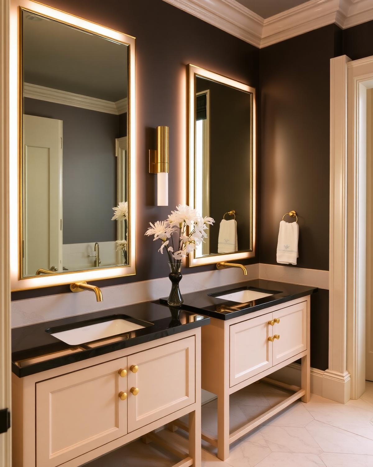 Doppelwaschtisch mit beleuchteten Spiegeln und Gold-Details