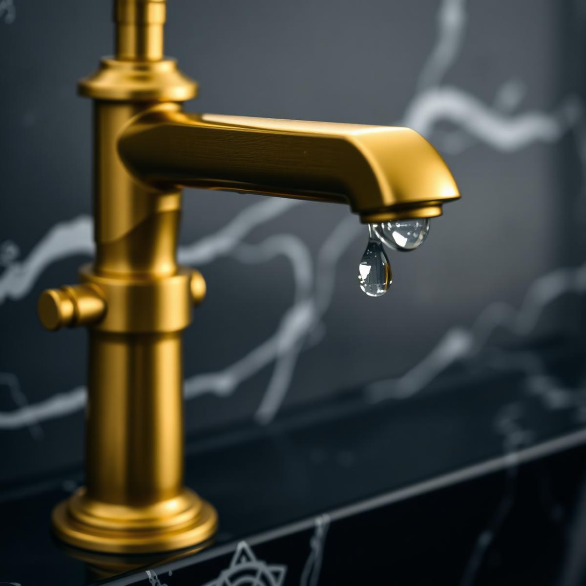 Detailaufnahme einer Gold-Armatur mit Wassertropfen
