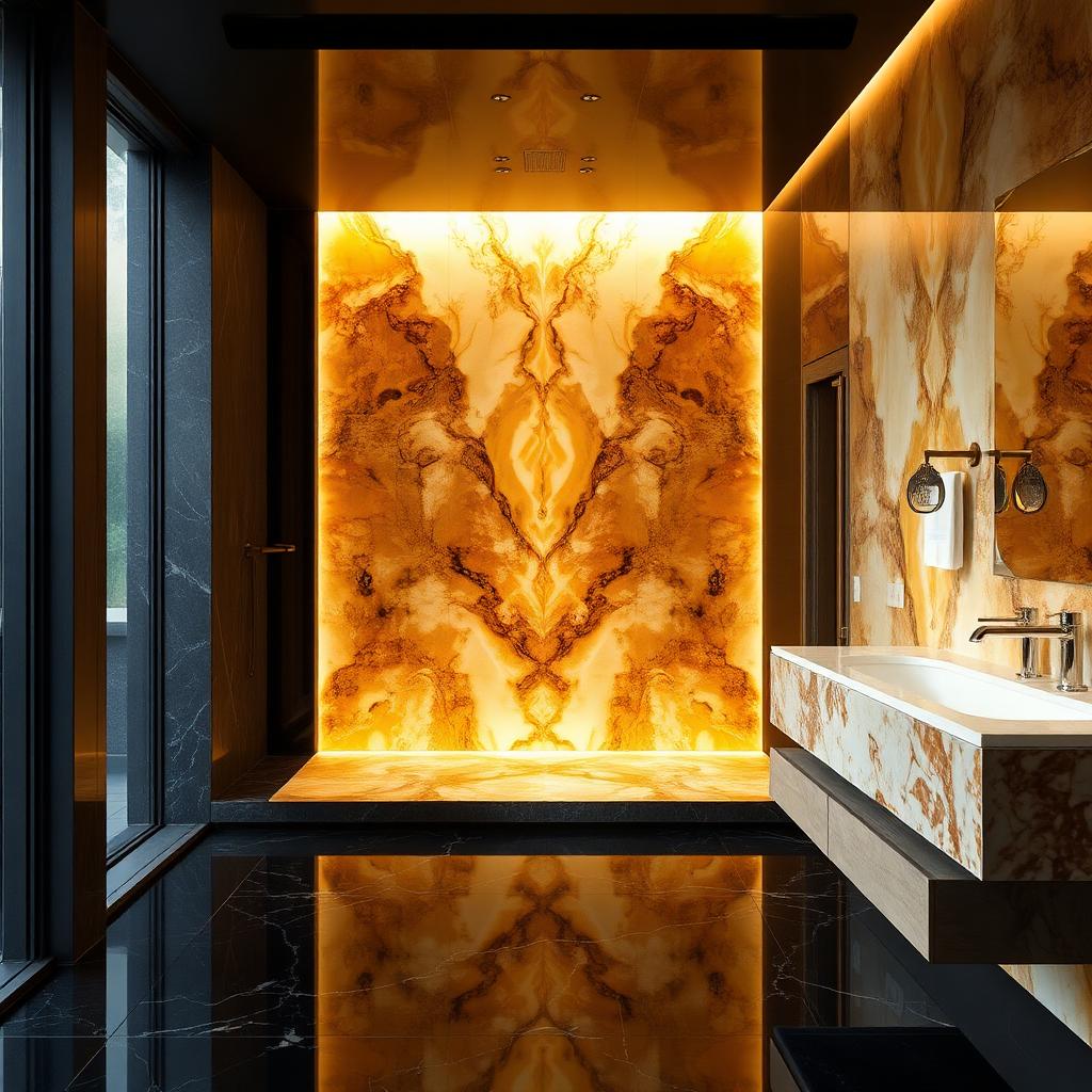 Master-Bad mit hinterleuchteter Onyx-Wand und Gold-Armaturen