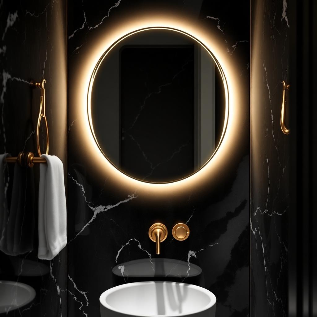 Gäste-WC mit rundem Gold-Spiegel auf schwarzem Marmor