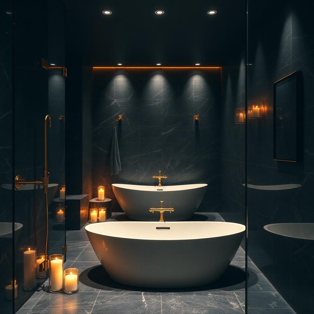Spa-Bad mit Kerzenlicht, schwarzem Stein und Gold-Details